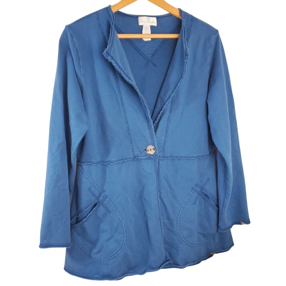 Soft Surroundings Top L Cardigan Cotton Terry Sweater Open Front Button Womans